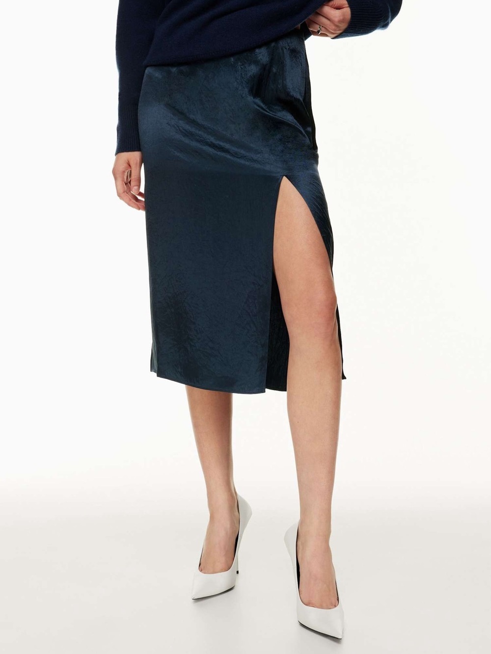 Aritzia Eames Satin Skirt Women's Navy Satin Midi Skirt with Side Slit Navy